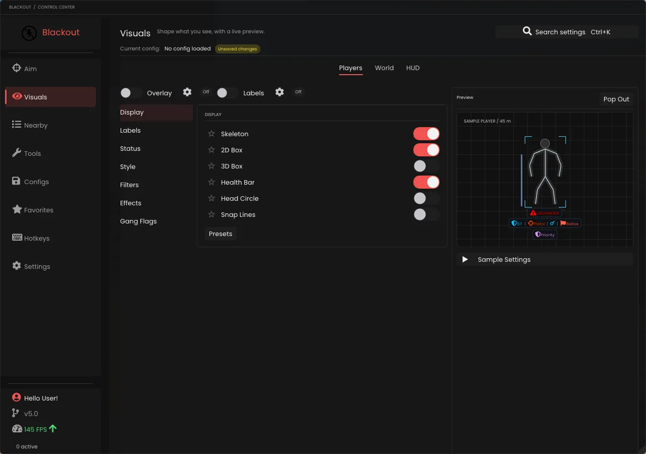 Blackout 5.0 external GTA 5 cheat – Player ESP menu with skeleton, 2D box, health bar and live preview